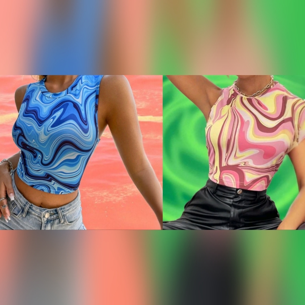 Marble Swirl Crop Tops, Summer Bundle Deal, New, Pink & Blue, 90s Vibes, Retro